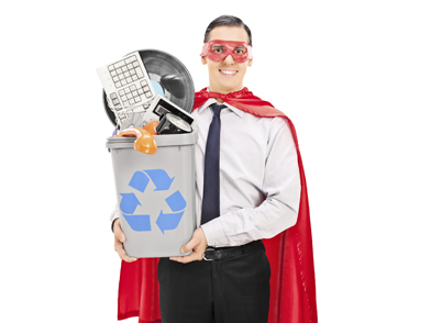 Male superhero recycling his old stuff