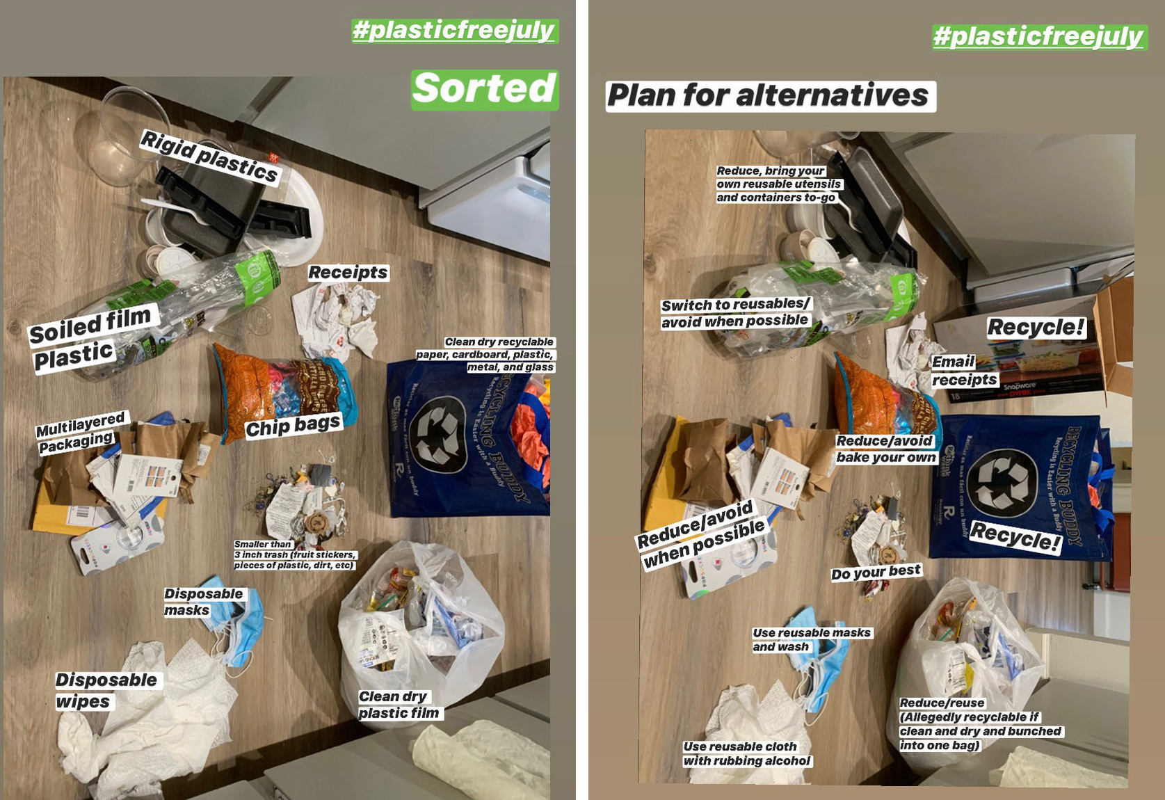 2 images of plastic sorted  by type with alternatives to try to reduce it